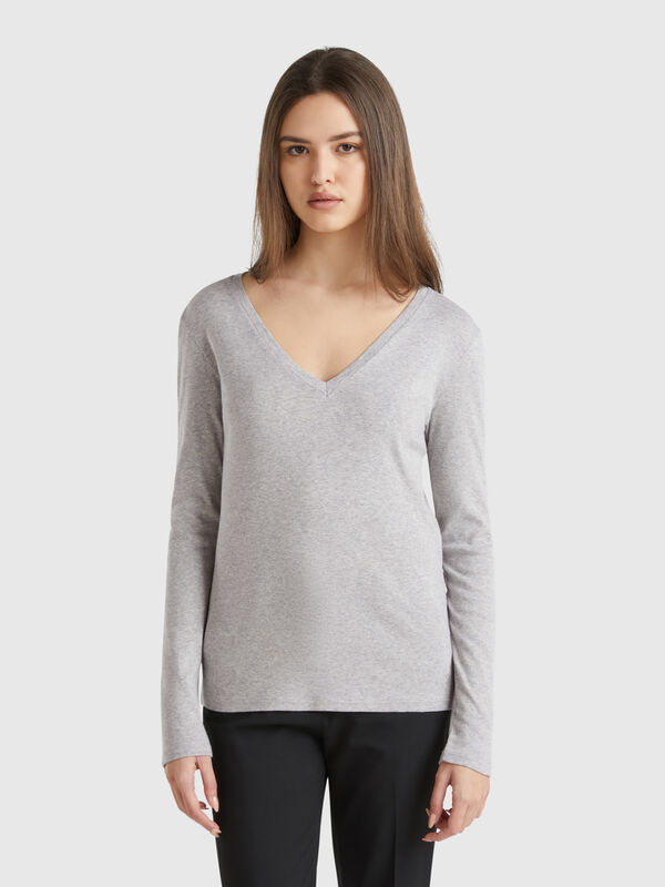 Langärmliges T-Shirt mit V-Ausschnitt Damen