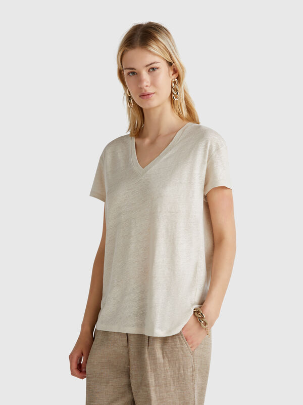 T-shirt scollo a V in puro lino Donna
