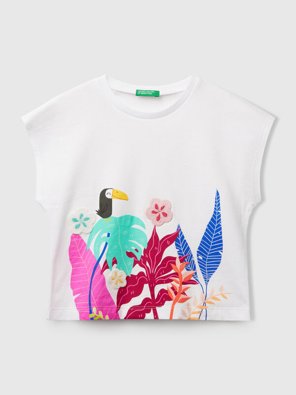 T-Shirt mit Print und Häkelapplikationen Mädchen