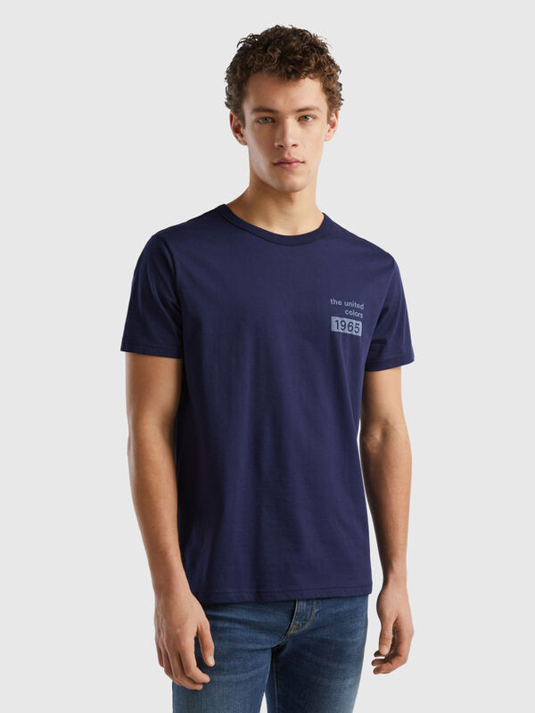 T-shirt blu scuro in cotone bio con stampa logo Uomo
