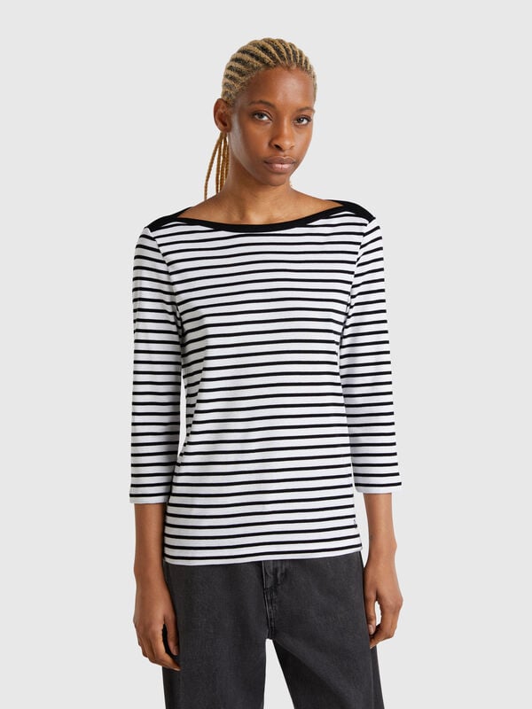 Gestreiftes T-Shirt mit 3/4-Ärmeln aus reiner Baumwolle Damen