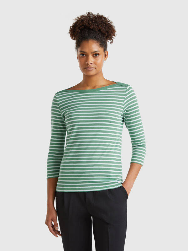T-shirt manica 3/4 a righe in puro cotone Donna