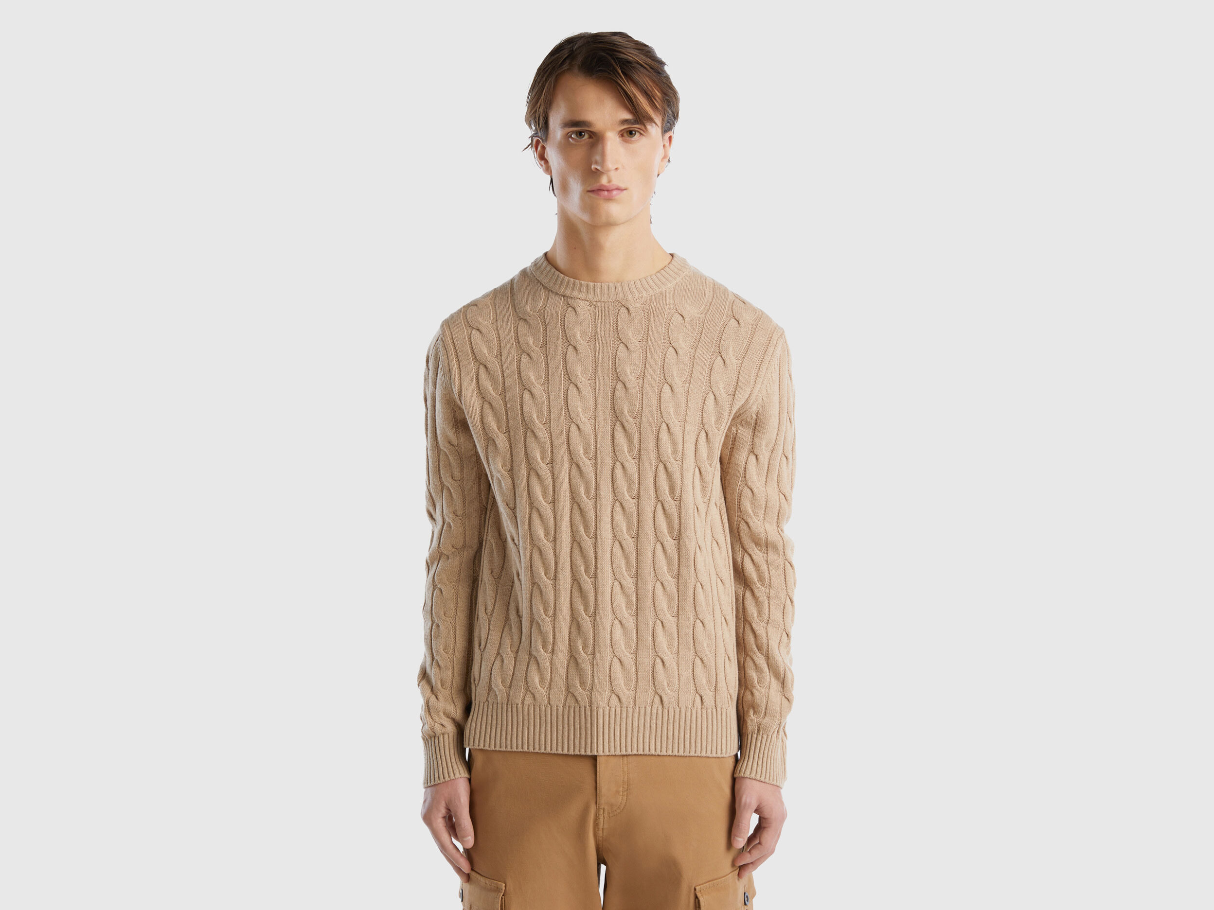 Cable knit sweater in cashmere blend Beige Benetton