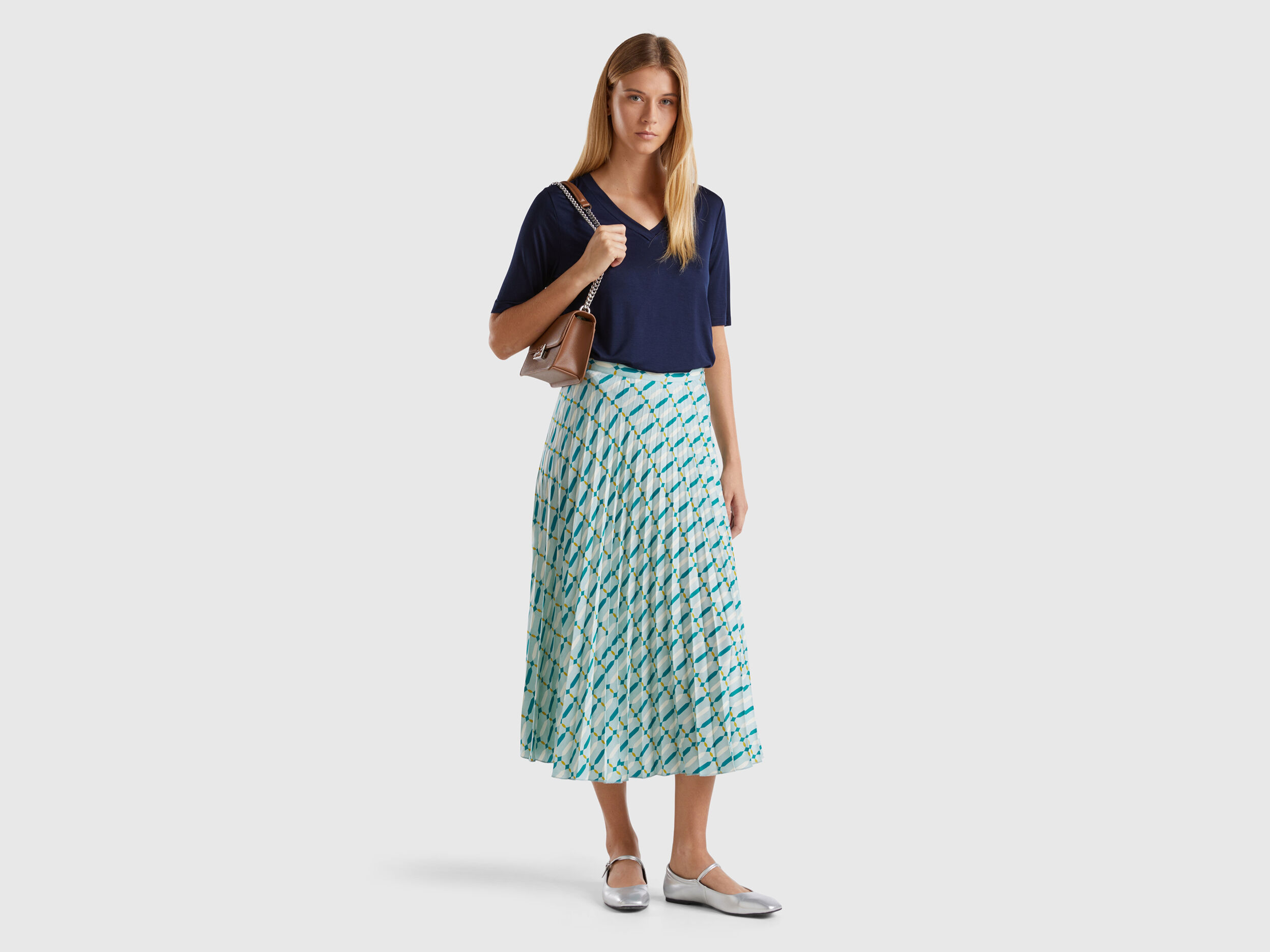 Gonna plissettata con fantasia geometrica Verde Acqua Benetton