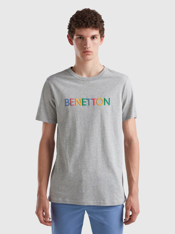 T-shirt gris en coton bio à logo multicolore Homme