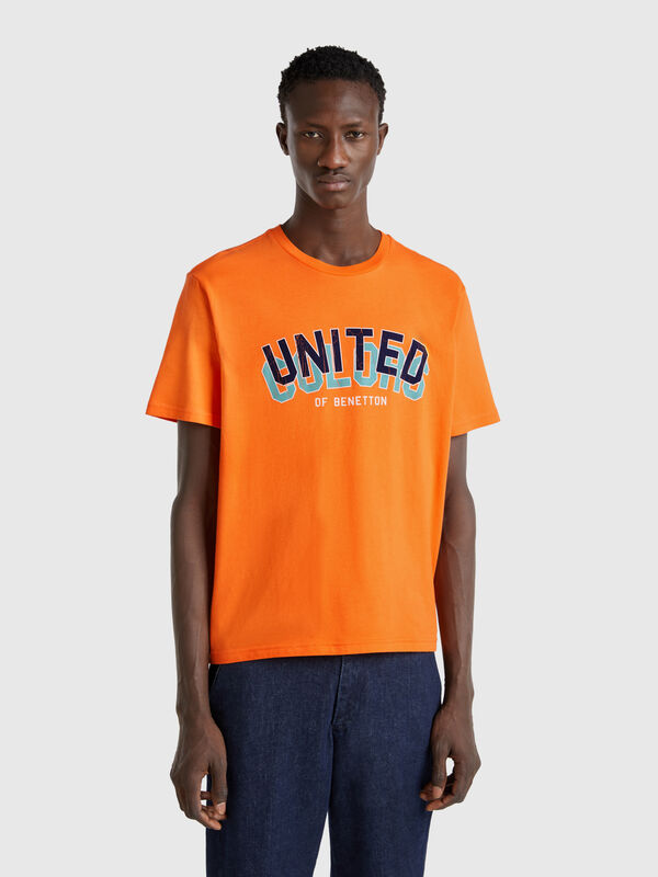T-shirt arancione in cotone con logo blu scuro Uomo