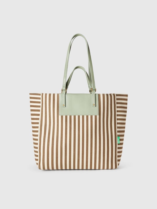 Grün-beige gestreifte Einkaufstasche Damen