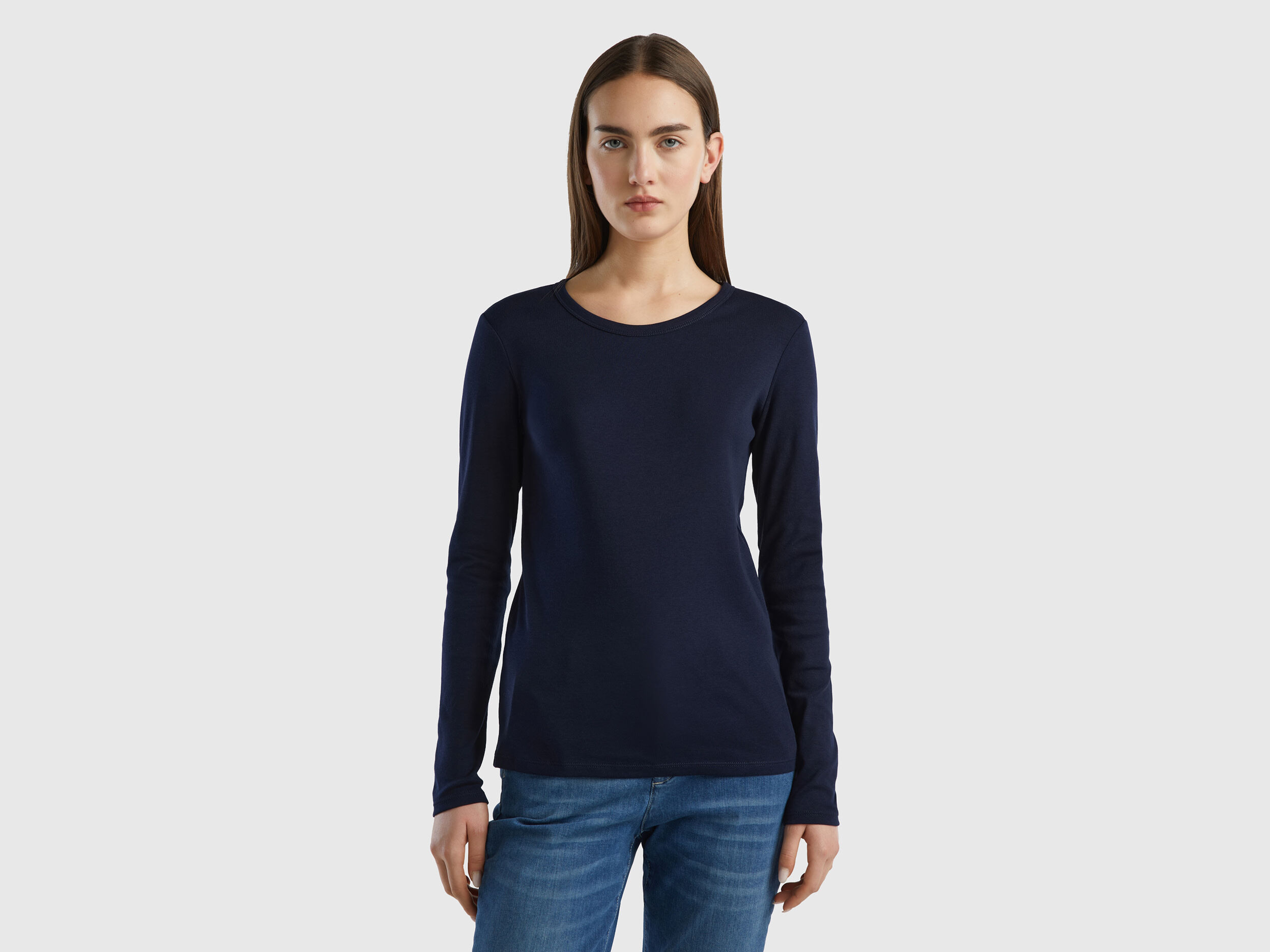 T shirt a manica lunga in puro cotone Blu Scuro Benetton