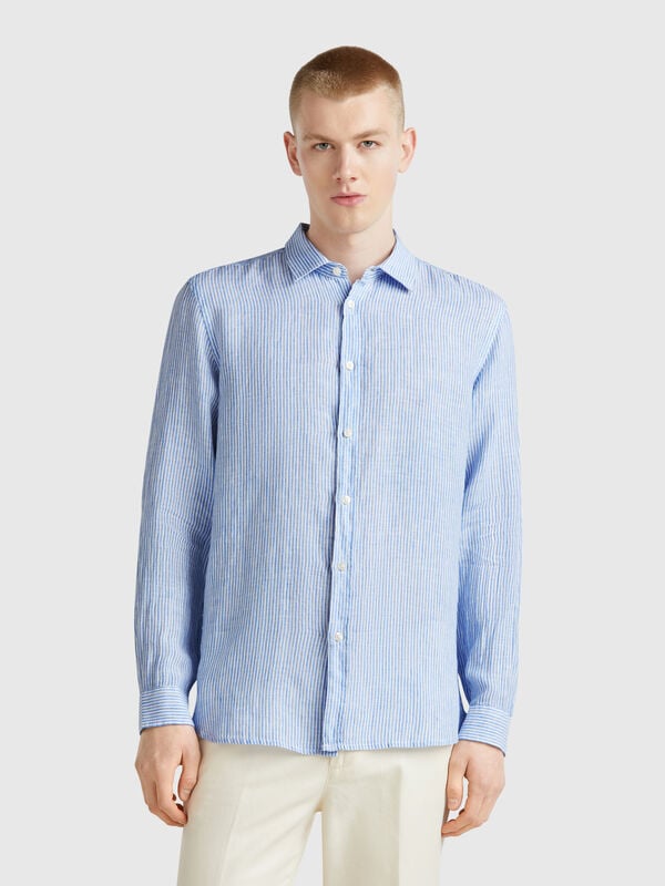 Camicia azzurra a righe in puro lino Uomo