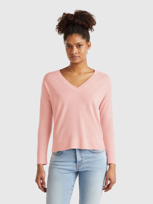 Pullover mit V-Ausschnitt aus reiner Merinowolle Damen