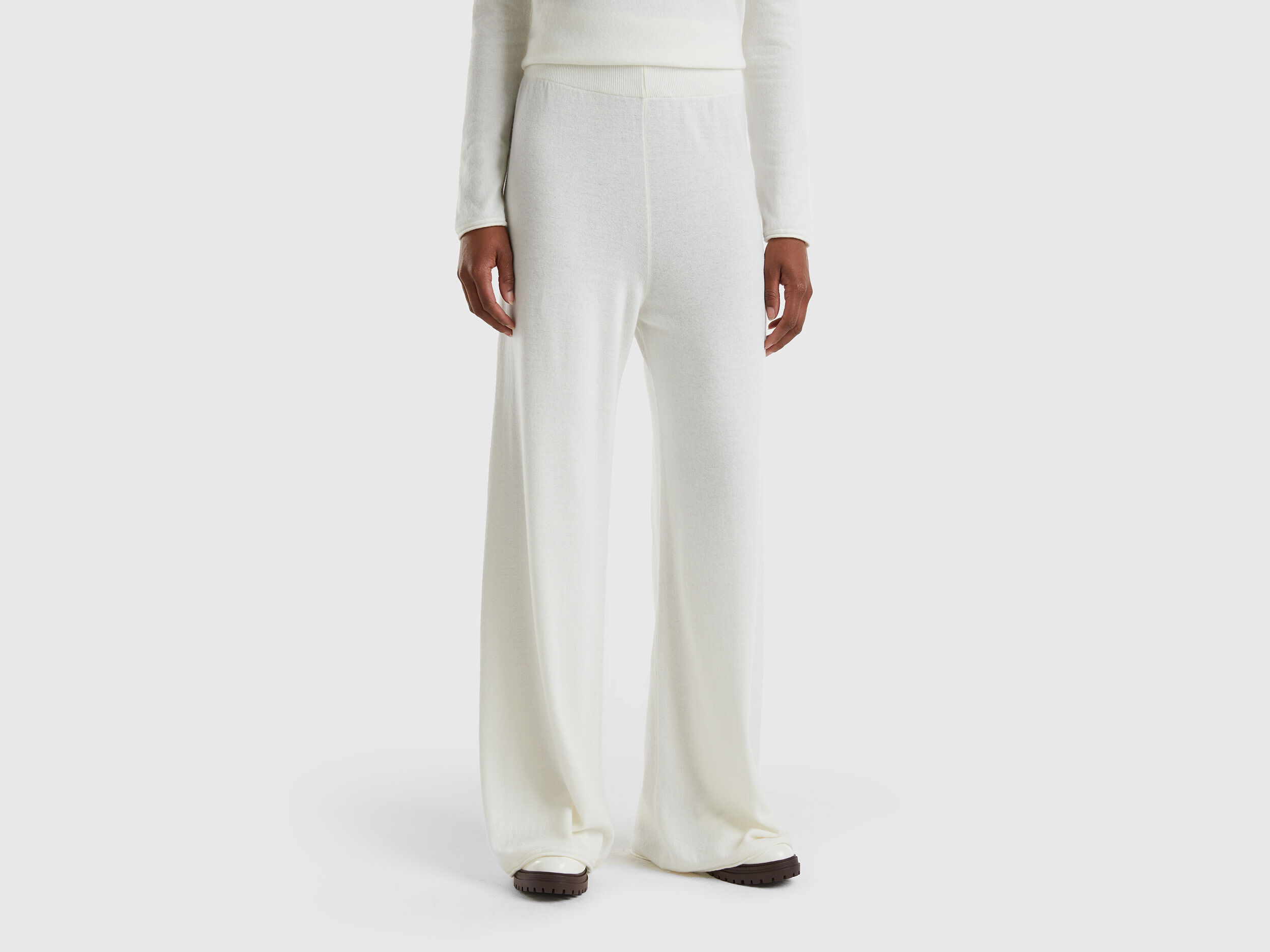 Pantaloni ampi bianco panna in misto lana e cashmere Bianco Panna Benetton