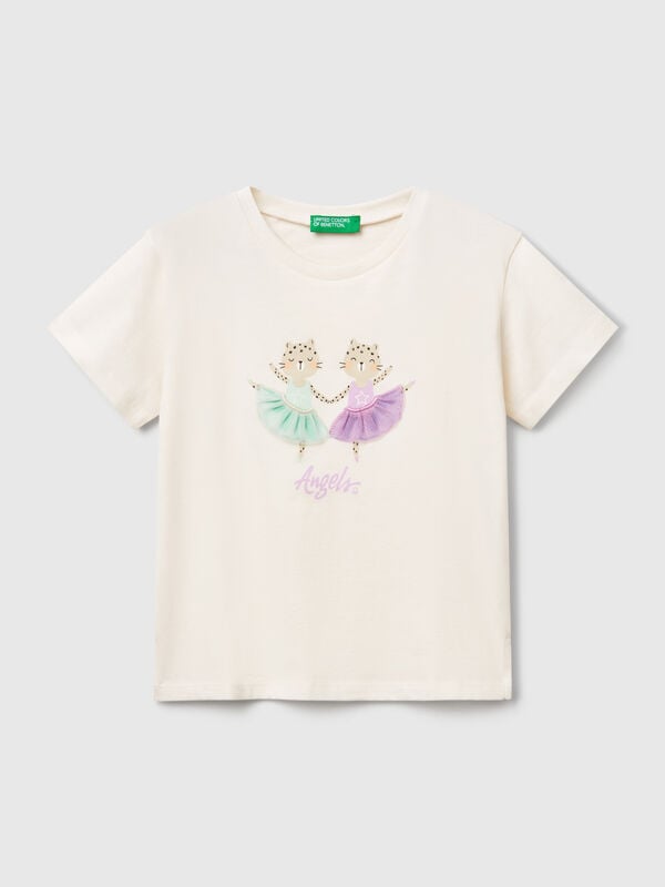 T-shirt con stampa e applicazione Bambina