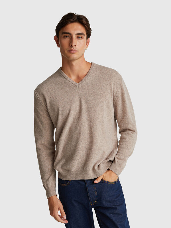 Braun melierter Pullover mit V-Ausschnitt aus reiner Merinowolle Herren
