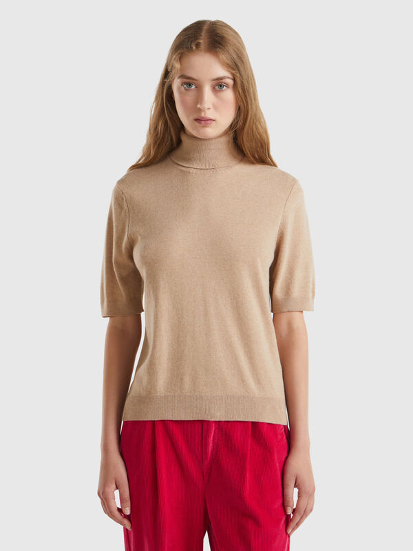 Pull col montant camel à manches courtes en cachemire mélangé Femme