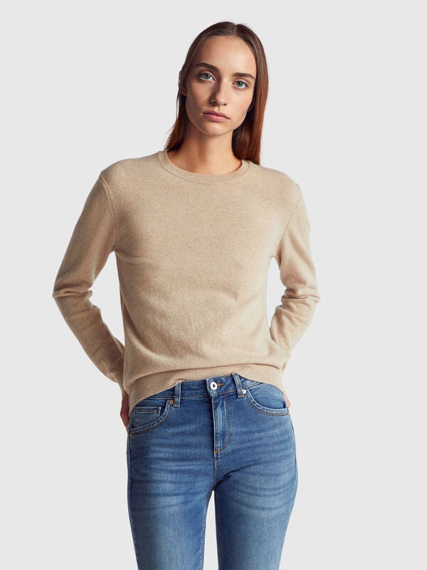 Pull col rond beige en pure laine mérinos Femme