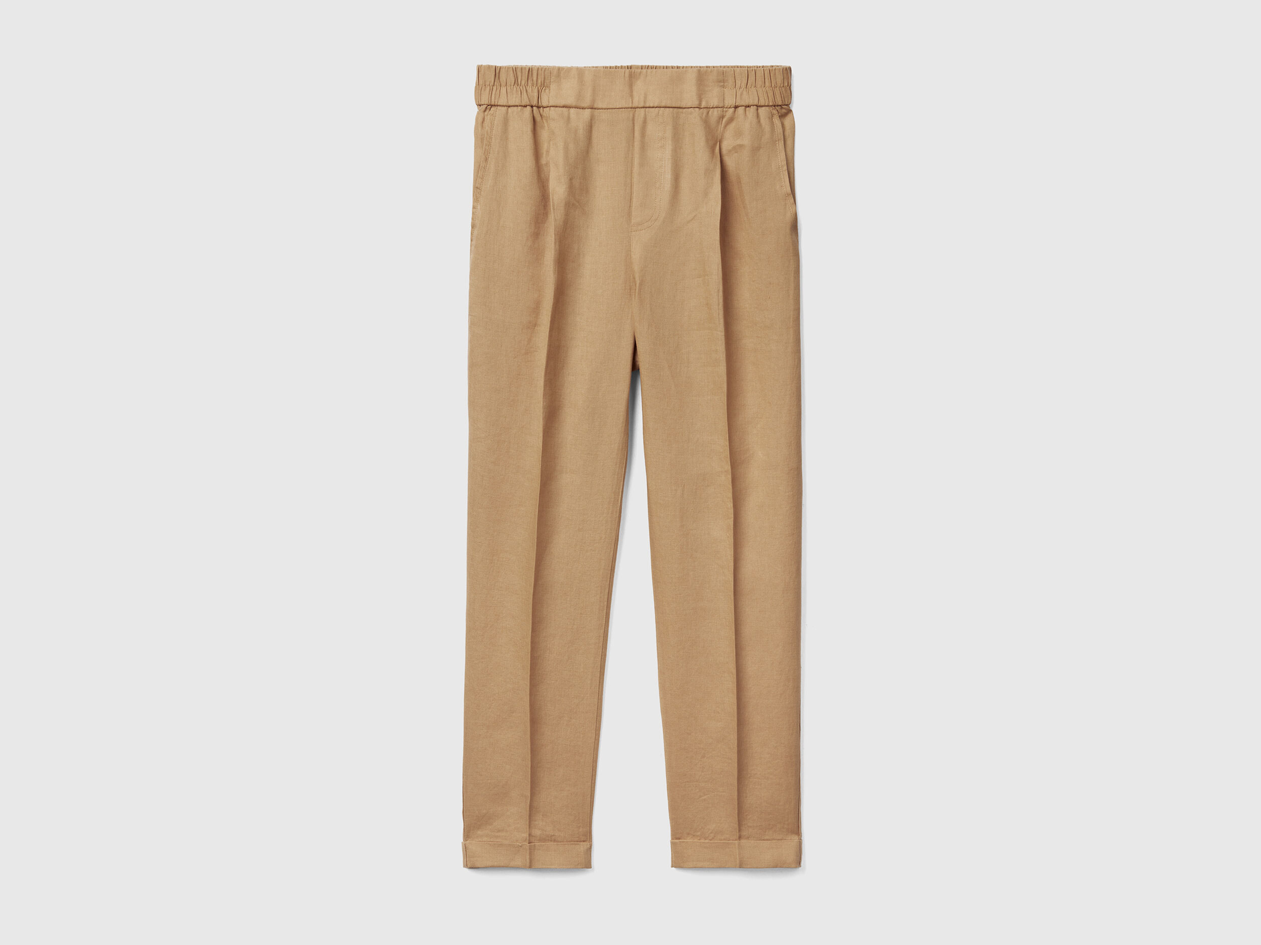 Pantaloni cropped in 100 lino Cammello Benetton