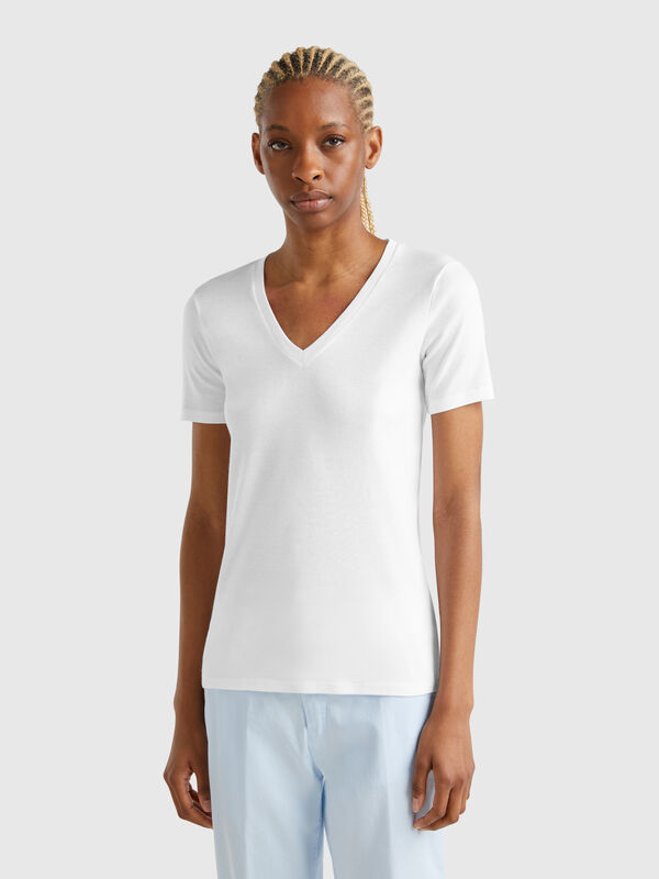 T-shirt en pur coton col V Femme