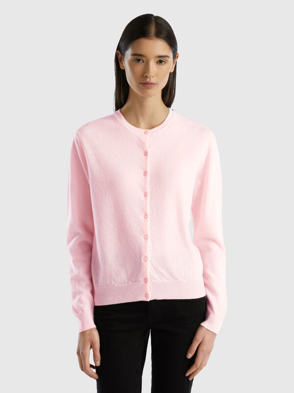 Cardigan girocollo rosa chiaro in pura lana Merino Donna