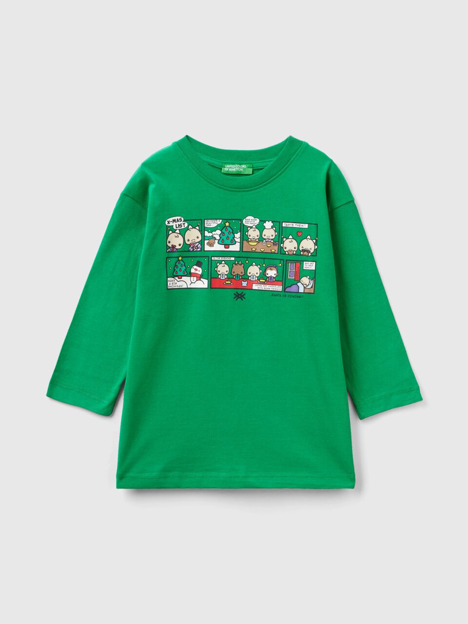 Warmes T-Shirt mit weihnachtlichem Grün | Aufdruck - Benetton