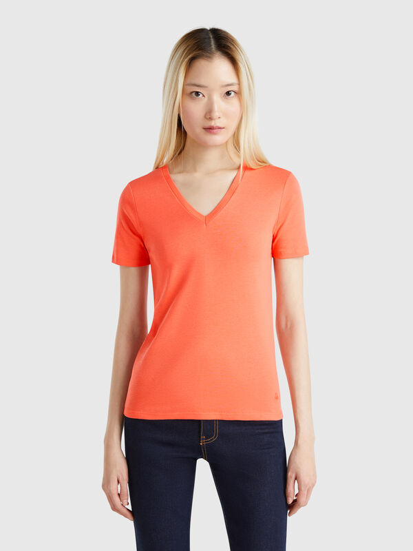 T-shirt corail en pur coton à col en V Femme