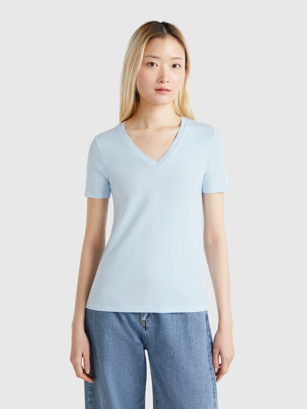 Sky blue pure cotton t-shirt with V-neck Women