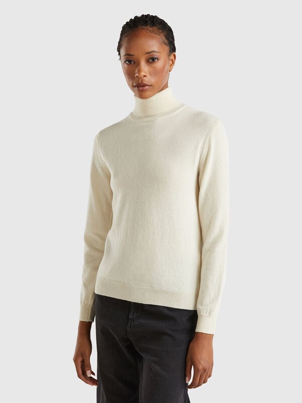 Rollkragenpullover in Cremeweiß aus reiner Merinowolle Damen