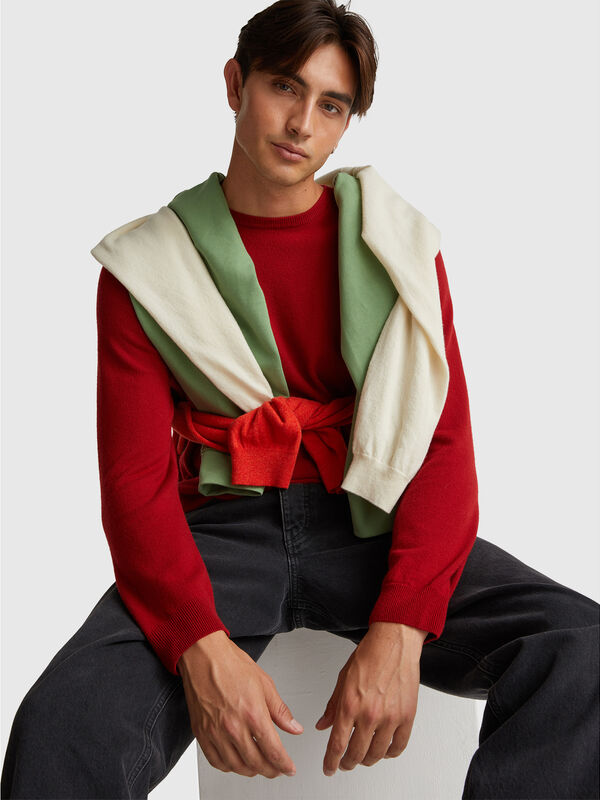 Maglia girocollo bordeaux in pura lana Merino Uomo