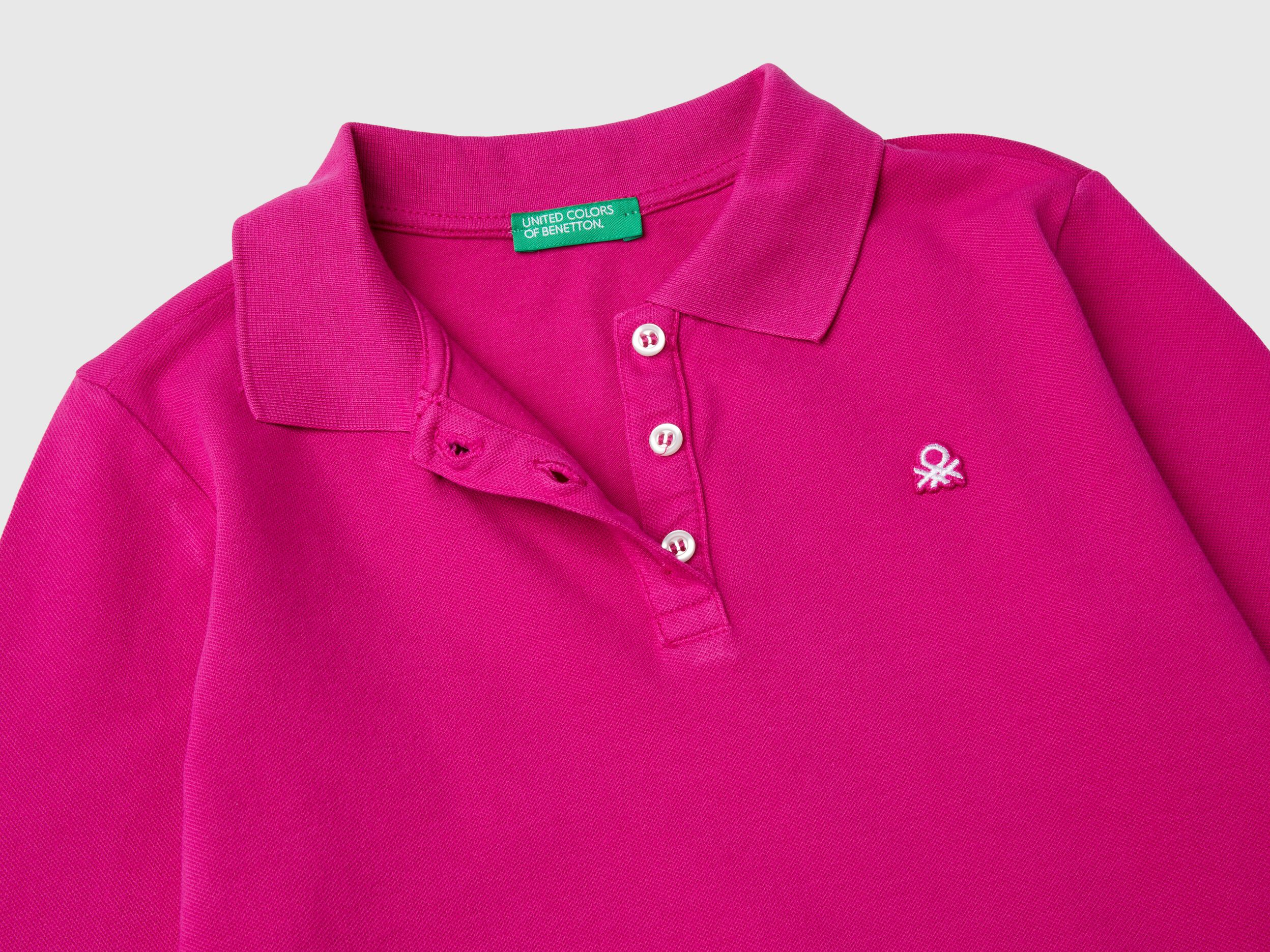 Polo manica lunga in cotone bio Fucsia Benetton