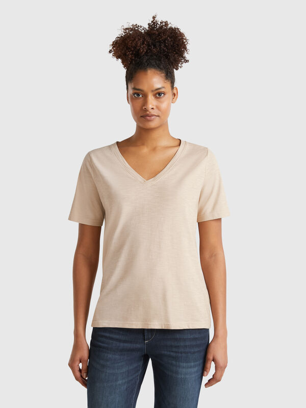 T-shirt à col en V en coton flammé Femme