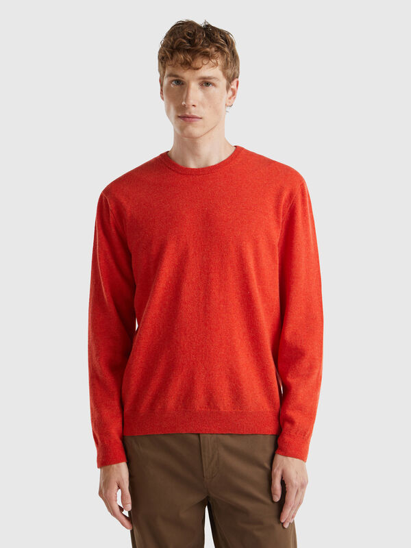 Maglia girocollo arancione mélange in pura lana Merino Uomo