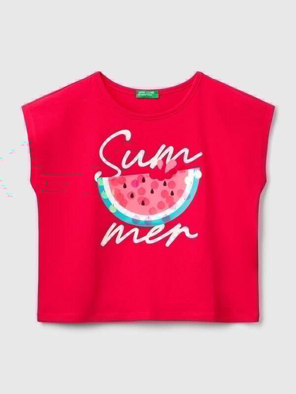 T-shirt con stampa e paillettes Bambina