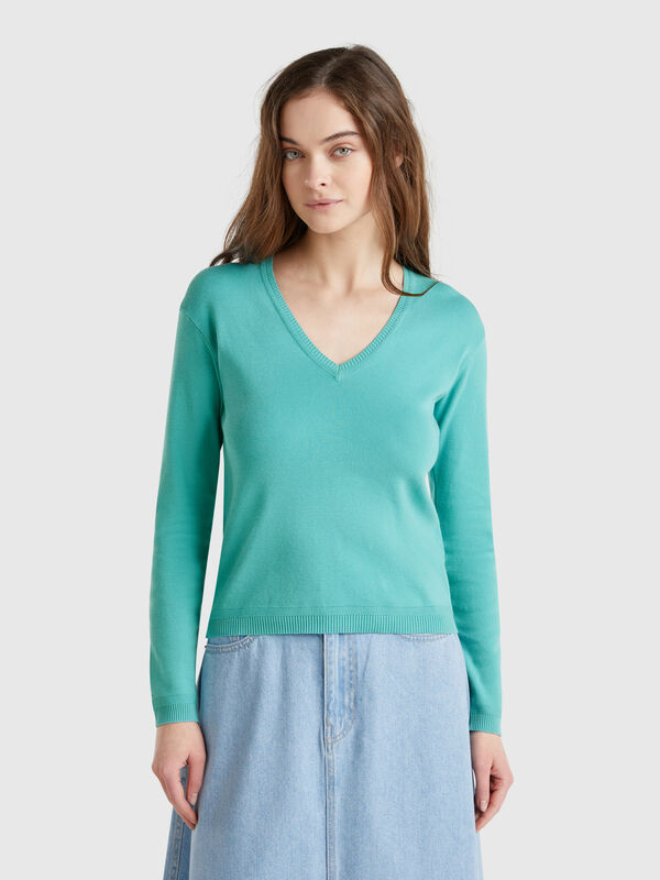 Pure cotton sweater with V-neck Women