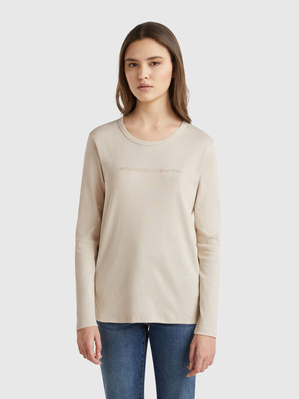 Langärmeliges beiges T-Shirt aus 100% Baumwolle Damen