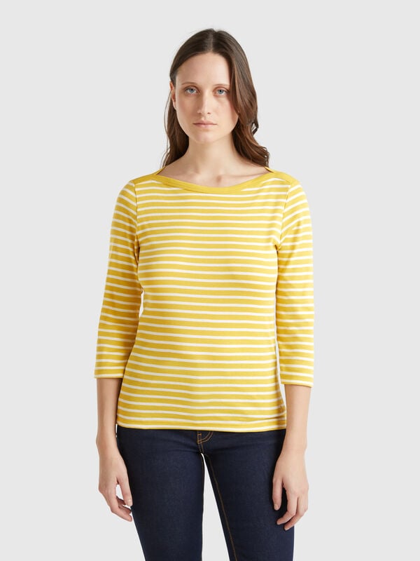 T-shirt rayé à manches 3/4 en pur coton Femme