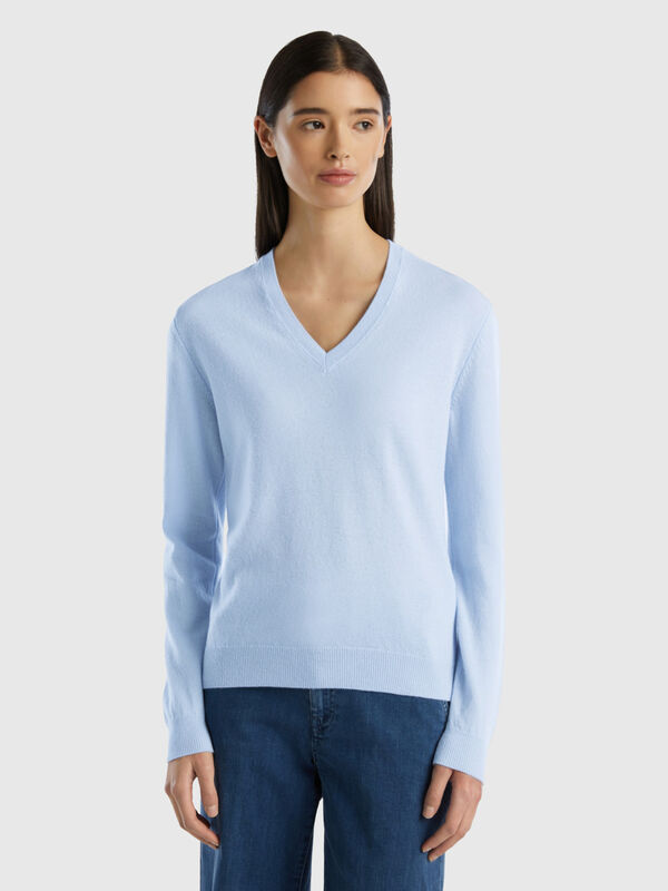 Pullover mit V-Ausschnitt in Himmelblau aus reiner Merinowolle Damen