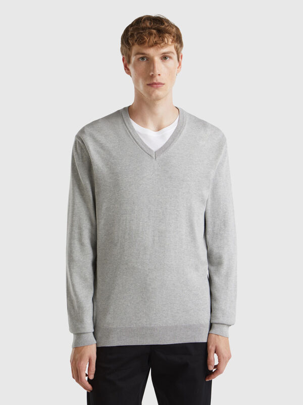 Pull en pur coton à col en V Homme