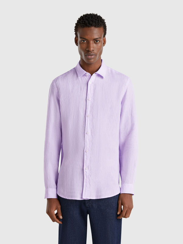Camicia lilla fantasia in puro lino Uomo