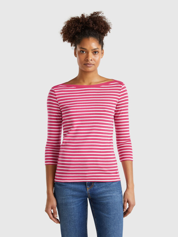 T-shirt rayé à manches 3/4 en pur coton Femme
