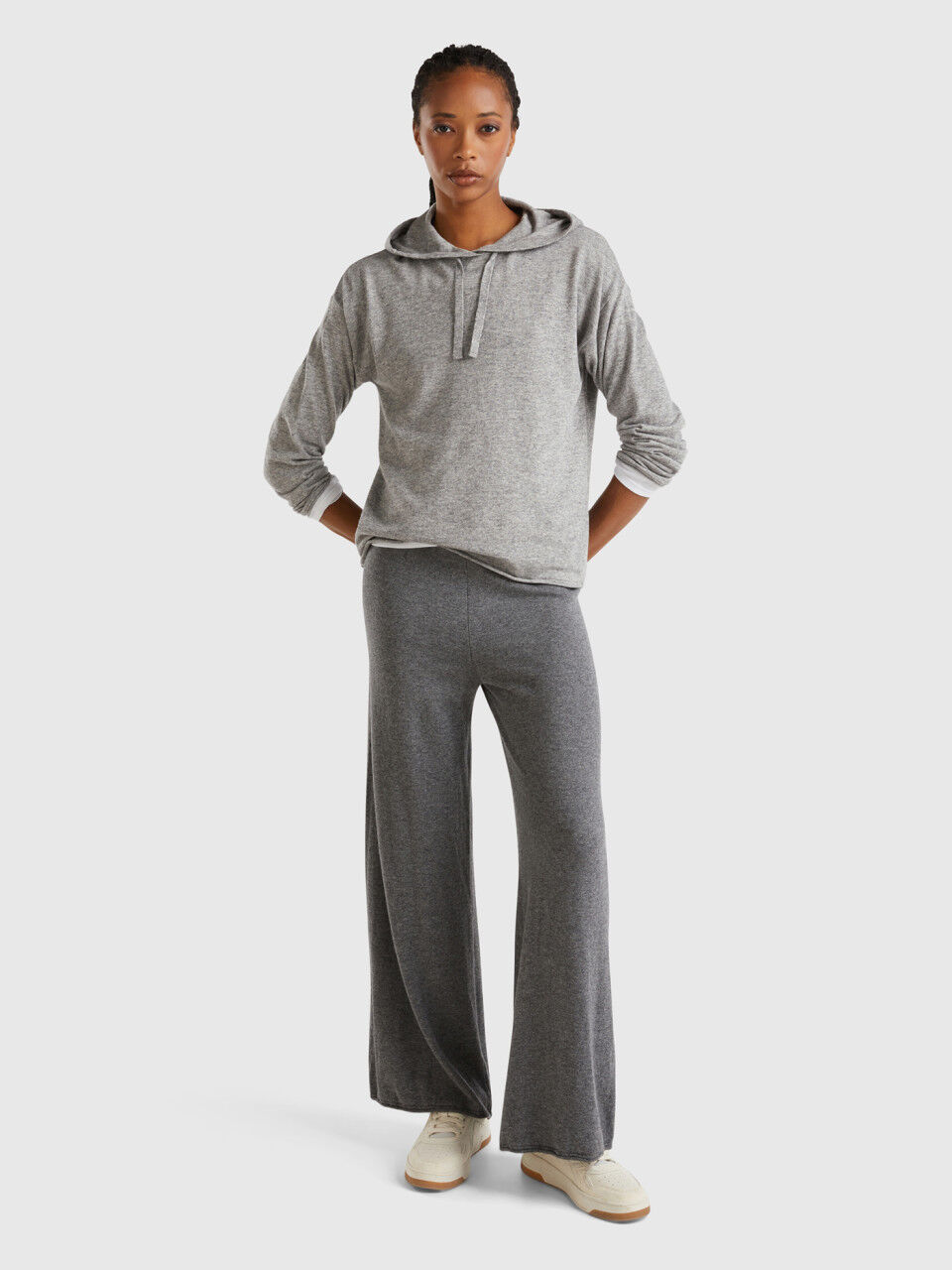 Pull gris clair en cachemire melange a capuche Gris Clair Benetton
