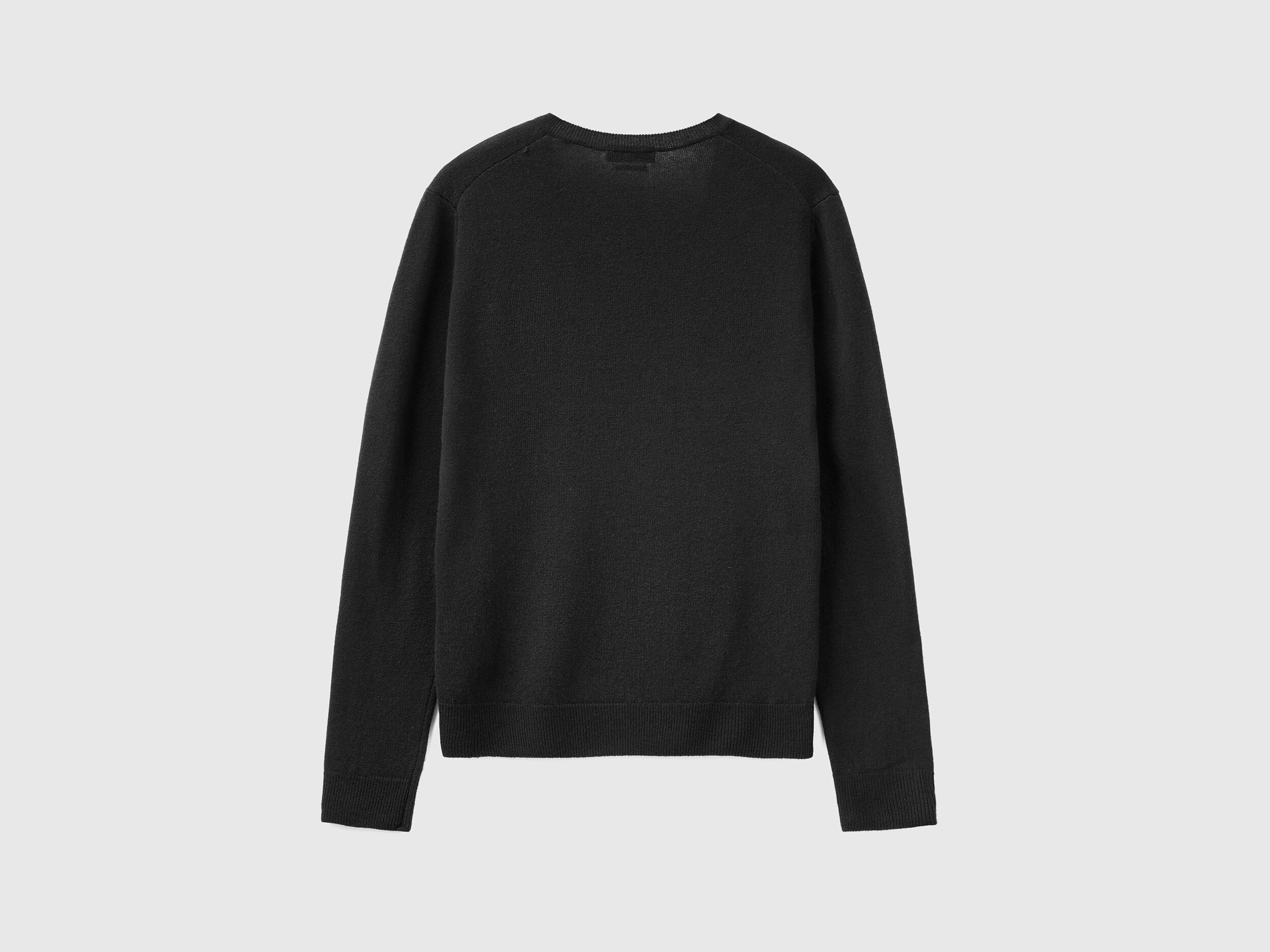 Schwarzer Pullover aus Merinowolle mit V-Ausschnitt - Schwarz | Benetton