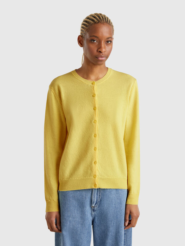 Cardigan girocollo giallo in pura lana Merino Donna
