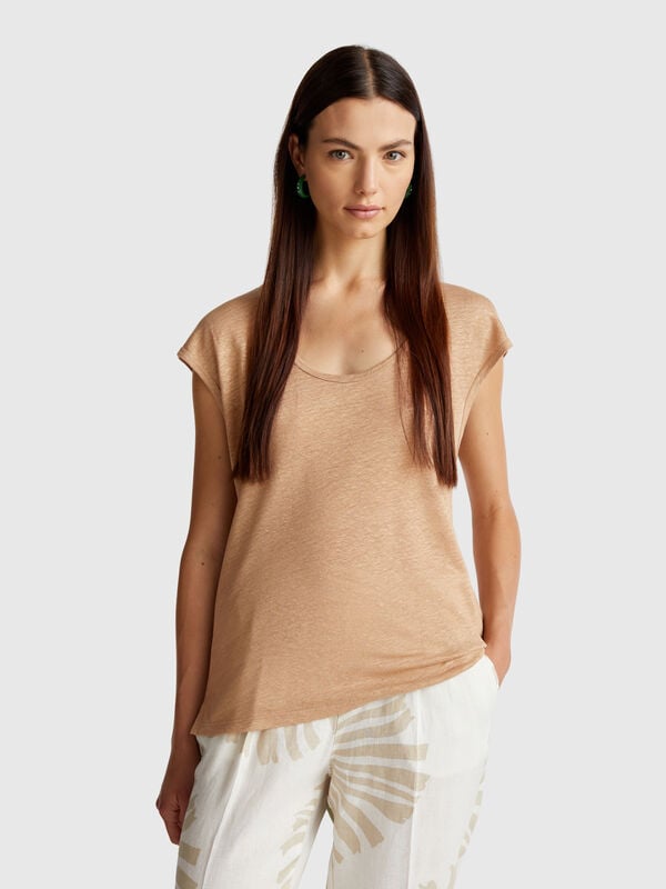 T-shirt col large en pur lin Femme
