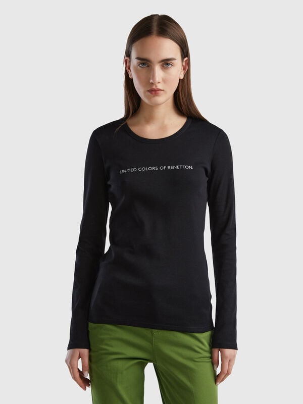 T-shirt nera a manica lunga 100% cotone Donna