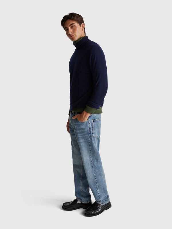 Dolcevita blu scuro in pura lana Merino Uomo