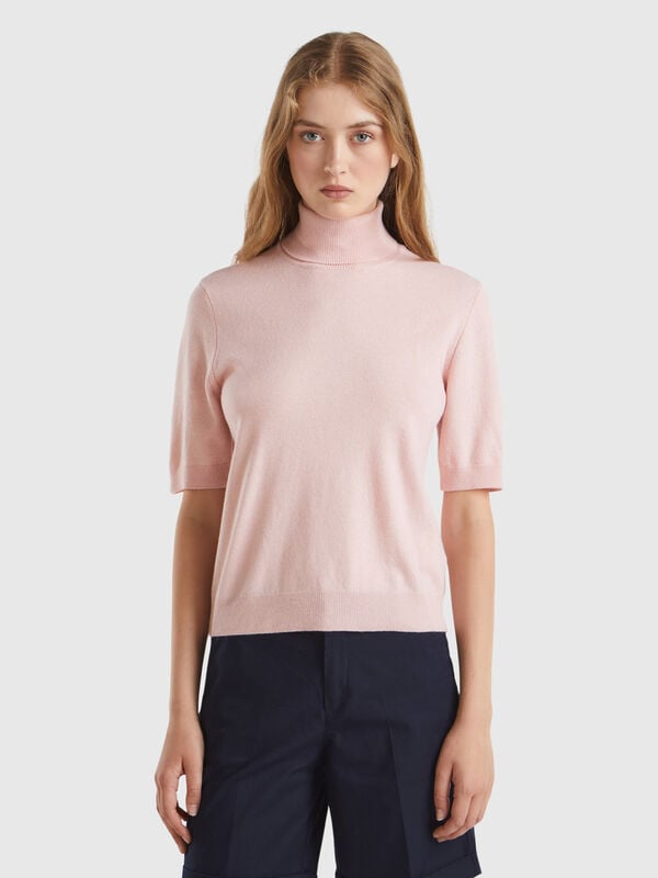 Pull col montant rose pastel à manches courtes en cachemire mélangé Femme