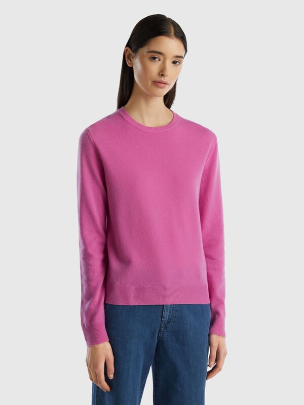 Dark pink crew neck sweater in Merino wool Women