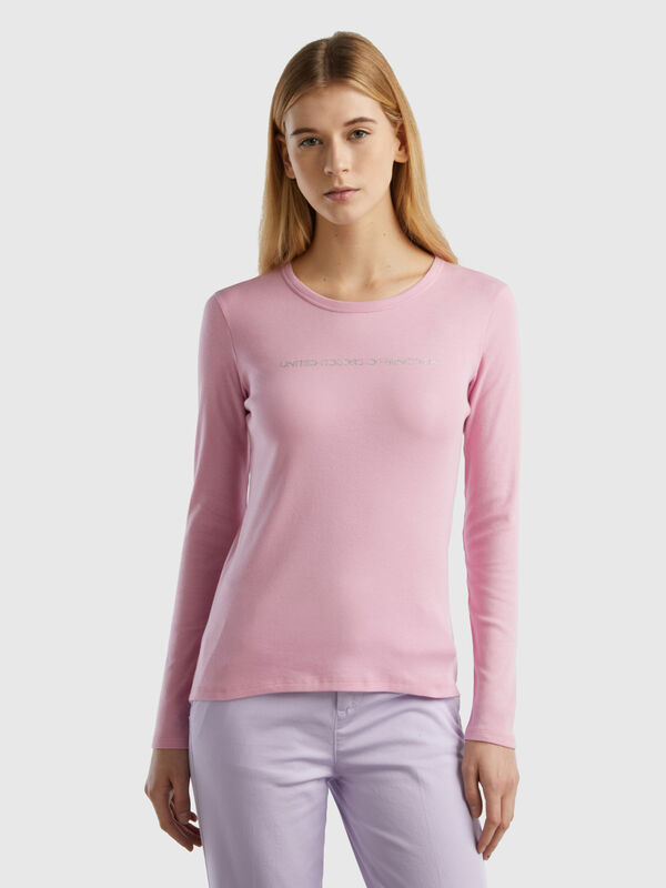 Langärmeliges T-Shirt aus 100% Baumwolle in Pastellrosa Damen