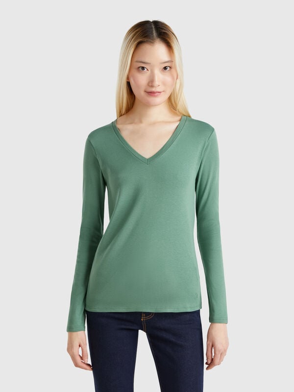 T-shirt manches longues col V Femme