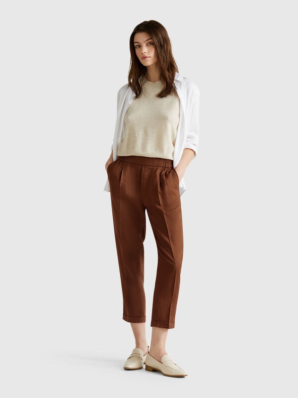 Pantaloni cropped in 100% lino Donna