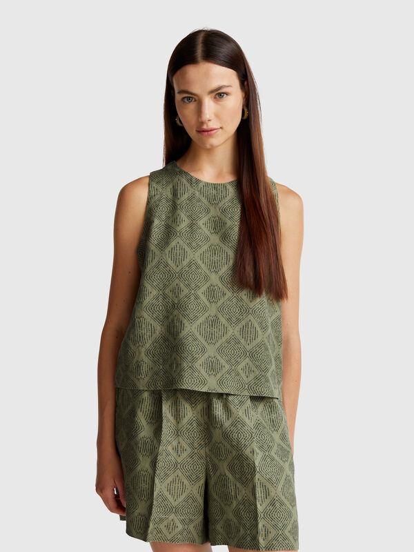 Top imprimé en pur lin Femme
